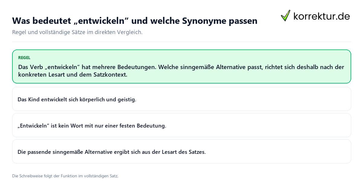 Was bedeutet „entwickeln“ und welche Synonyme passen Konkrete Regel und vollständige Beispielsätze zu Was bedeutet „entwickeln“ und welche Synonyme passen