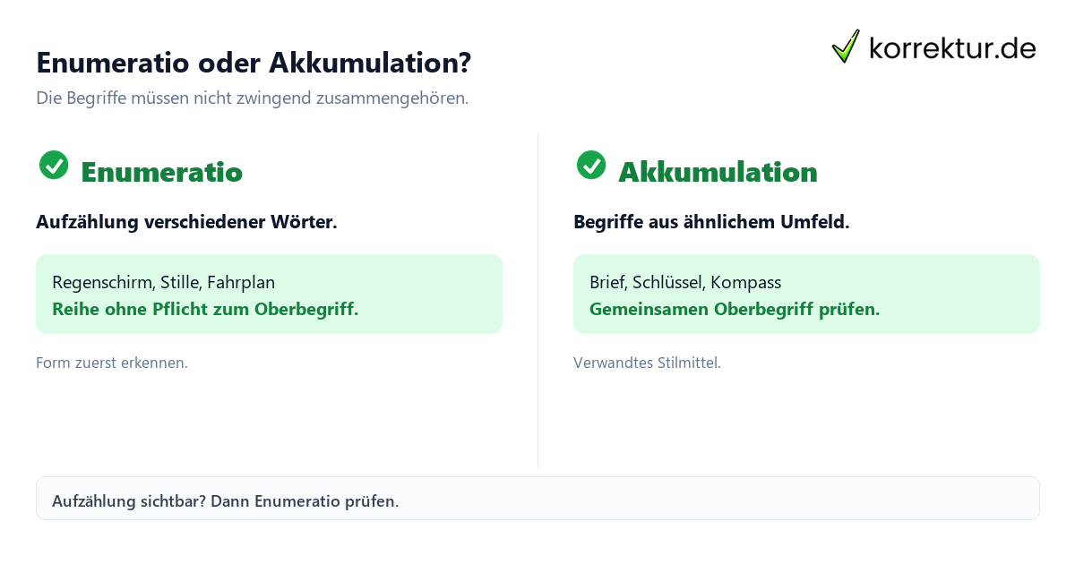 Enumeratio oder Akkumulation? Enumeratio einfach erklärt mit Satzanalyse und Beispielen: Abgrenzung zur Akkumulation