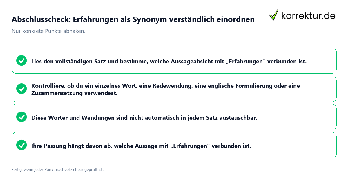 Konkreter Abschlusscheck zu Erfahrungen als Synonym verständlich einordnen