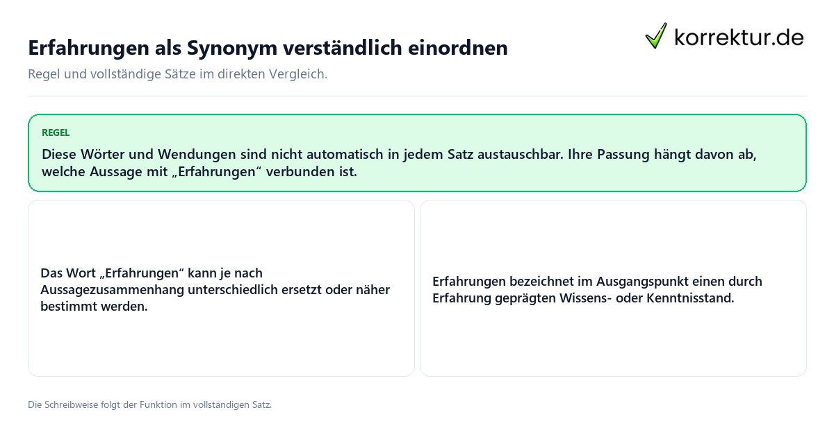 Konkrete Regel und vollständige Beispielsätze zu Erfahrungen als Synonym verständlich einordnen