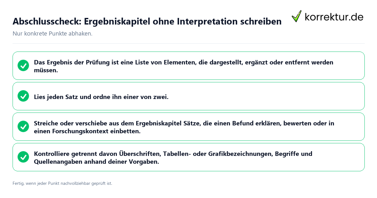 Konkreter Abschlusscheck zu Ergebniskapitel ohne Interpretation schreiben