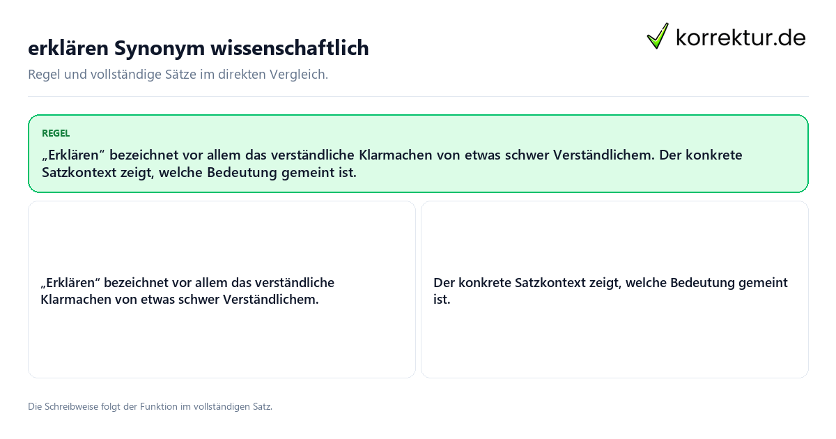 Konkrete Regel und vollständige Beispielsätze zu erklären Synonym wissenschaftlich