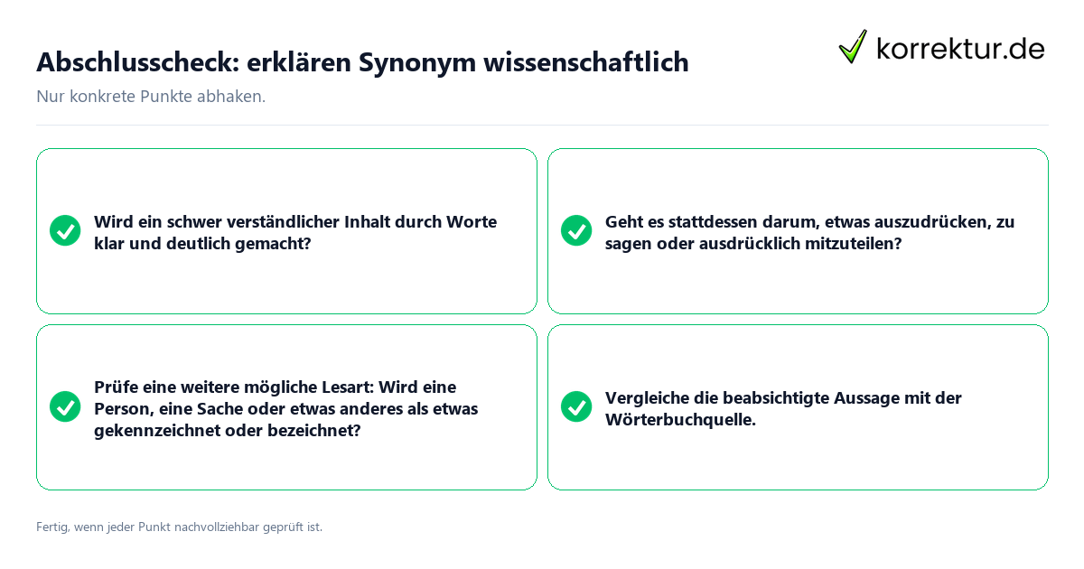 Konkreter Abschlusscheck zu erklären Synonym wissenschaftlich