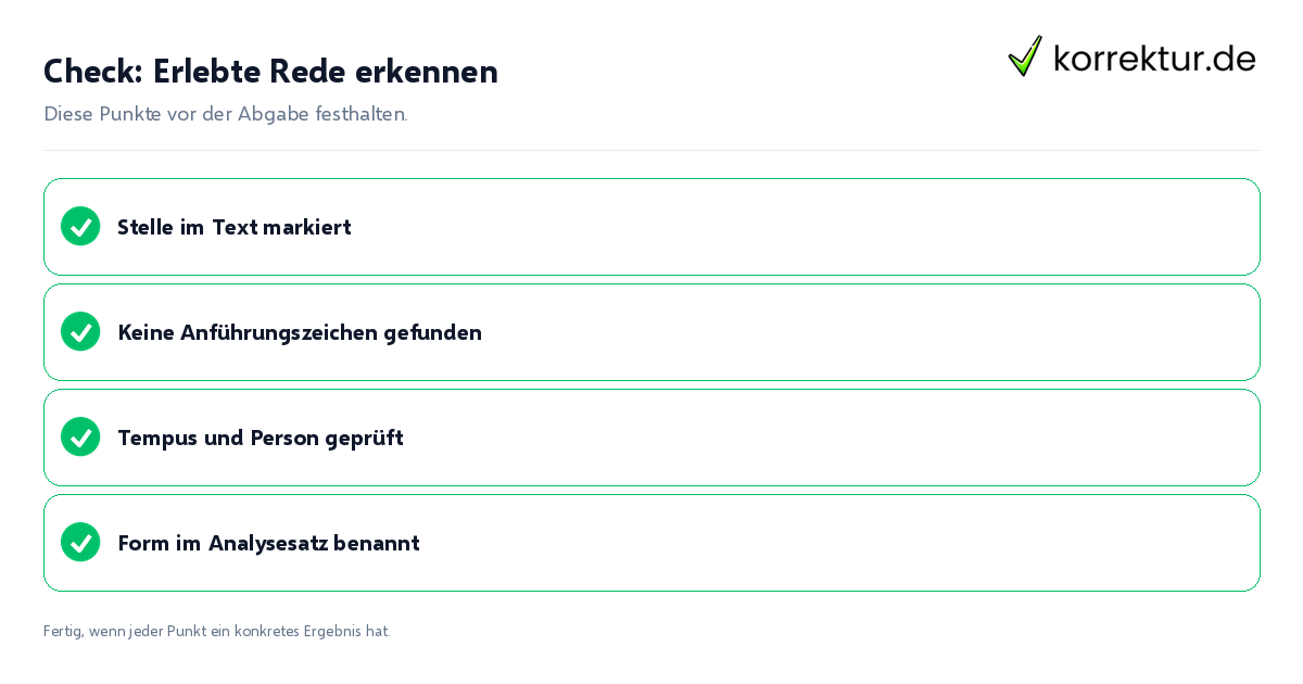 Check: Erlebte Rede erkennen Erlebte Rede erkennen: Prüfliste mit vier Punkten
