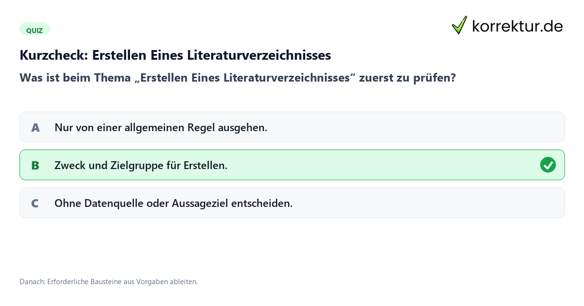 Erstellen Eines Literaturverzeichnisses mit einem Kurzquiz zum sinnvollen nächsten Schritt