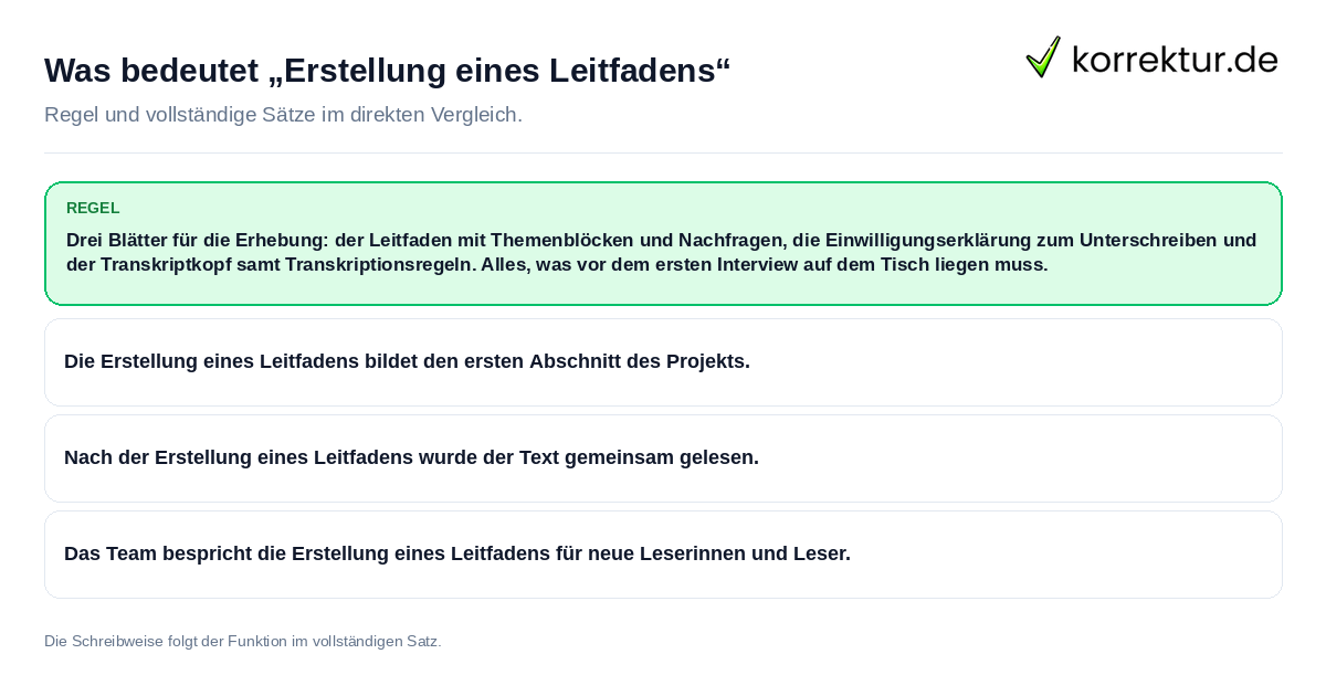 Was bedeutet „Erstellung eines Leitfadens“ Konkrete Regel und vollständige Beispielsätze zu Was bedeutet „Erstellung eines Leitfadens“