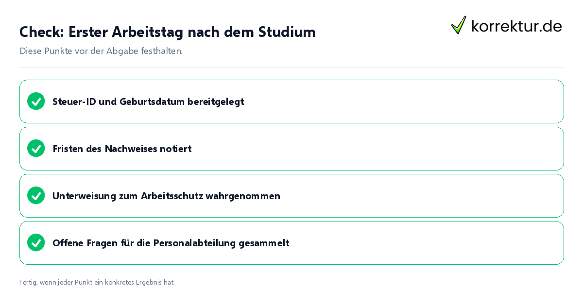 Check: Erster Arbeitstag nach dem Studium Erster Arbeitstag nach dem Studium: Prüfliste mit vier Punkten