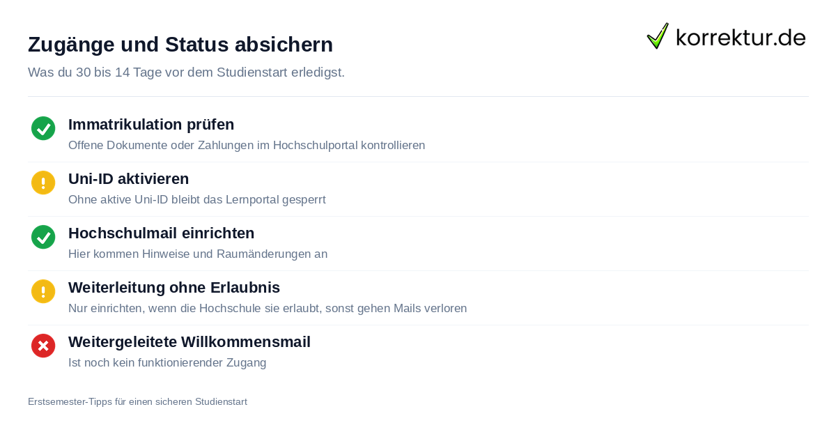 Erstsemester-Tipps für einen sicheren Studienstart: Checkliste 30 bis 14 Tage vorher
