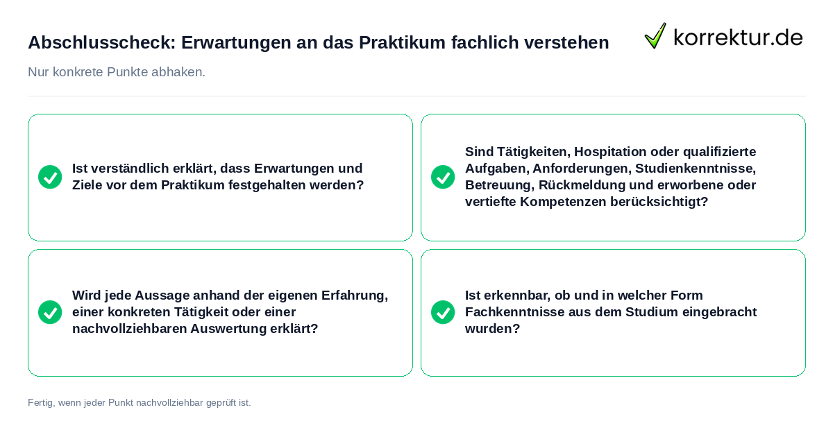 Abschlusscheck: Erwartungen an das Praktikum fachlich verstehen Konkreter Abschlusscheck zu Erwartungen an das Praktikum fachlich verstehen