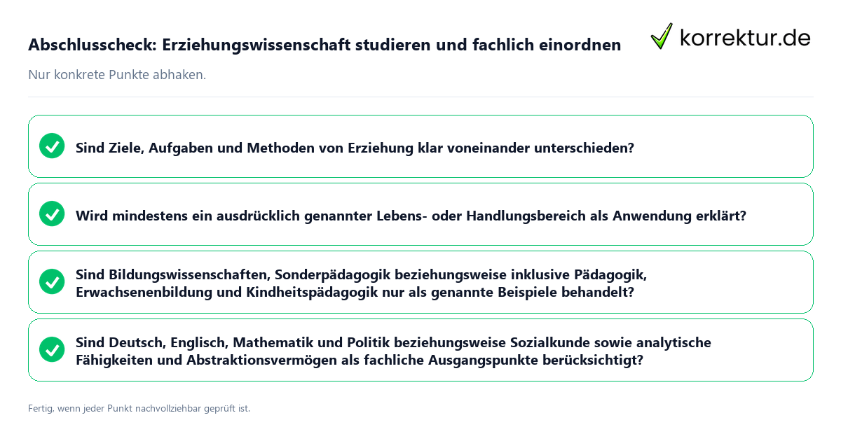 Konkreter Abschlusscheck zu Erziehungswissenschaft studieren und fachlich einordnen