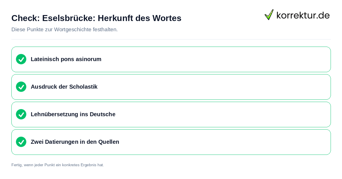 Check: Eselsbrücke: Herkunft des Wortes Eselsbrücke: Herkunft des Wortes: Prüfliste mit vier Punkten