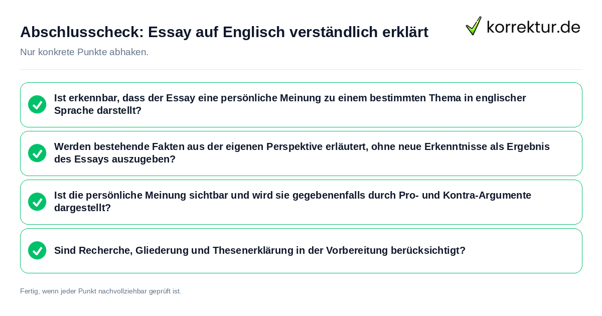 Konkreter Abschlusscheck zu Essay auf Englisch verständlich erklärt