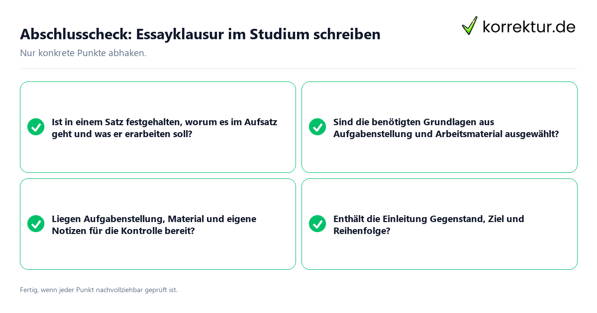 Konkreter Abschlusscheck zu Essayklausur im Studium schreiben