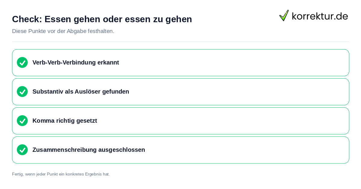 Check: Essen gehen oder essen zu gehen Essen gehen oder essen zu gehen: Prüfliste mit vier Punkten