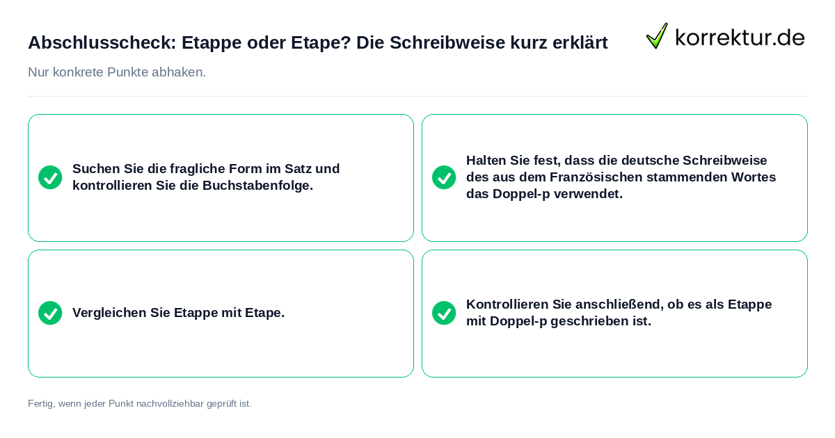 Konkreter Abschlusscheck zu Etappe oder Etape? Die Schreibweise kurz erklärt
