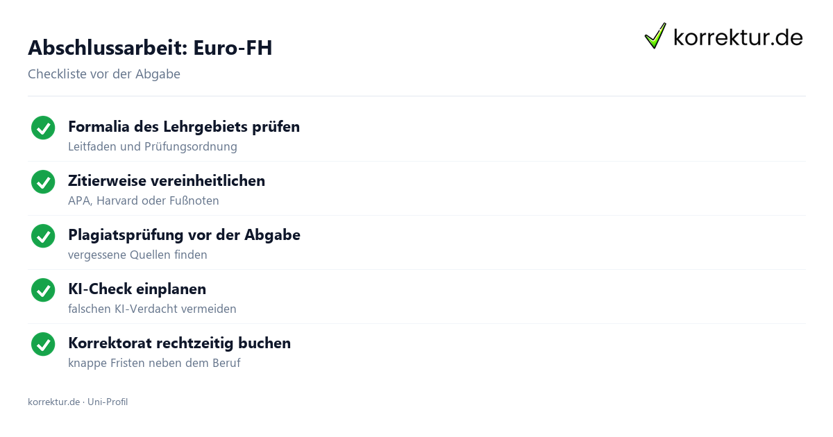Abschlussarbeit an der Euro-FH – Checkliste vor der Abgabe Abschlussarbeit an der Euro-FH: Checkliste für Formalia, Fristen und Plagiatsprüfung
