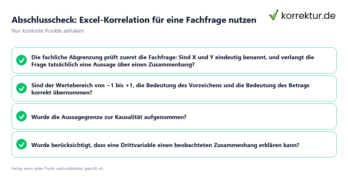 Abschlusscheck: Excel-Korrelation für eine Fachfrage nutzen Konkreter Abschlusscheck zu Excel-Korrelation für eine Fachfrage nutzen
