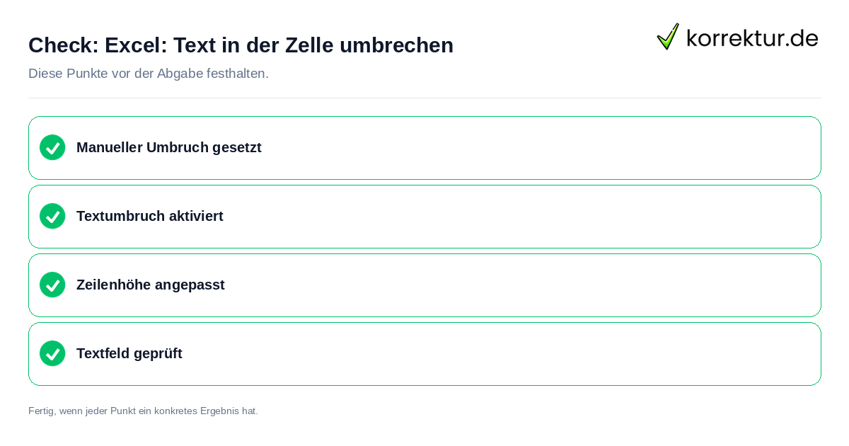 Check: Excel: Text in der Zelle umbrechen Excel: Text in der Zelle umbrechen: Prüfliste mit vier Punkten