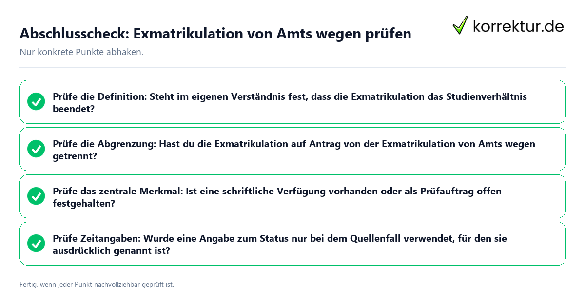 Konkreter Abschlusscheck zu Exmatrikulation von Amts wegen prüfen