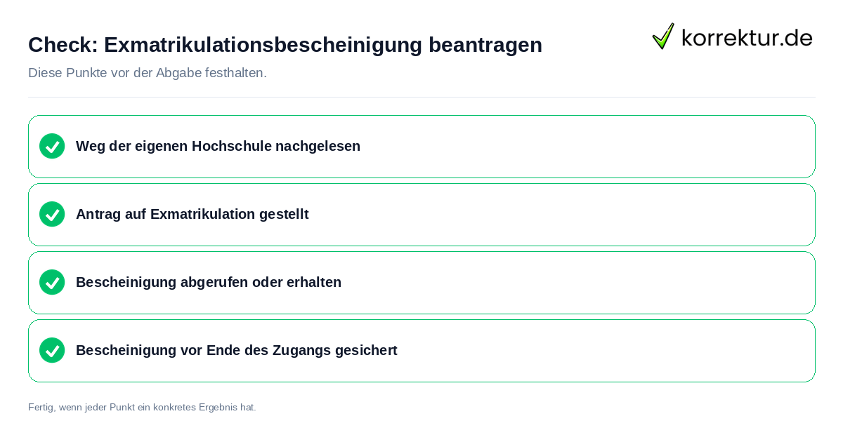 Check: Exmatrikulationsbescheinigung beantragen Exmatrikulationsbescheinigung beantragen: Prüfliste mit vier Punkten