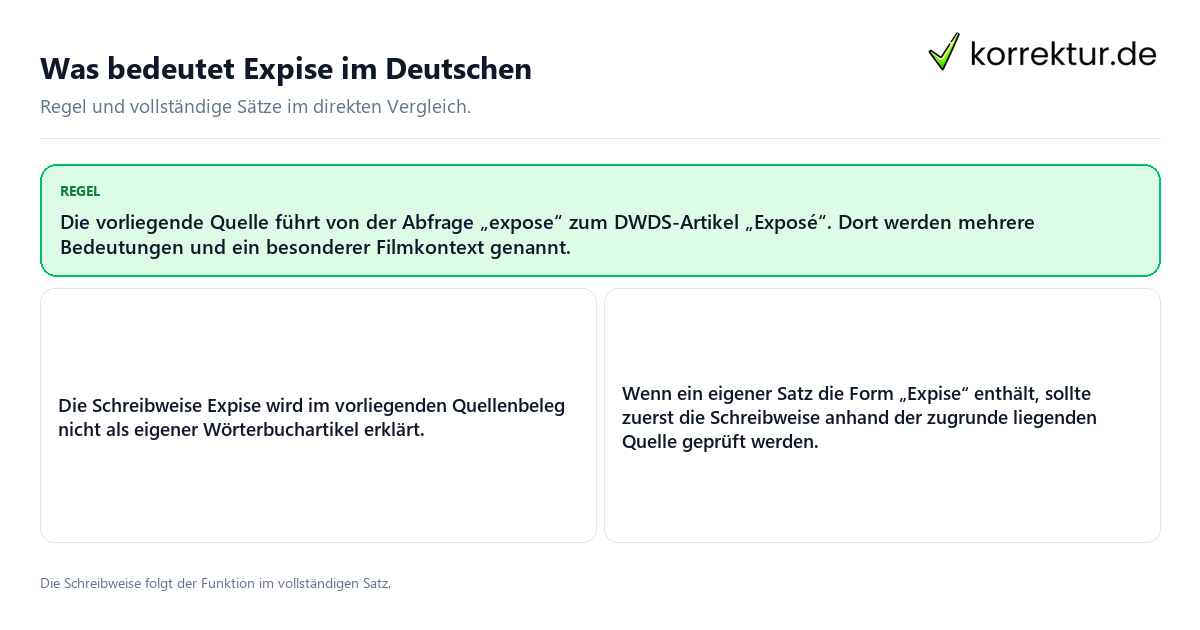 Konkrete Regel und vollständige Beispielsätze zu Was bedeutet Expise im Deutschen
