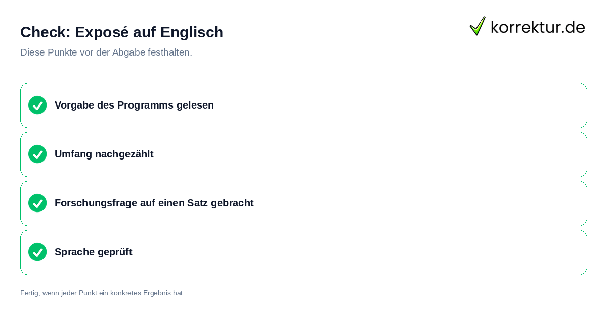 Exposé auf Englisch: Prüfliste mit vier Punkten