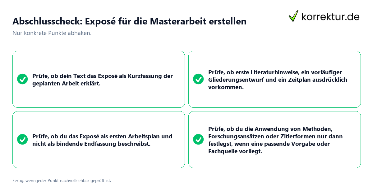 Abschlusscheck: Exposé für die Masterarbeit erstellen Konkreter Abschlusscheck zu Exposé für die Masterarbeit erstellen
