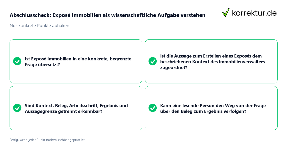 Konkreter Abschlusscheck zu Exposé Immobilien als wissenschaftliche Aufgabe verstehen