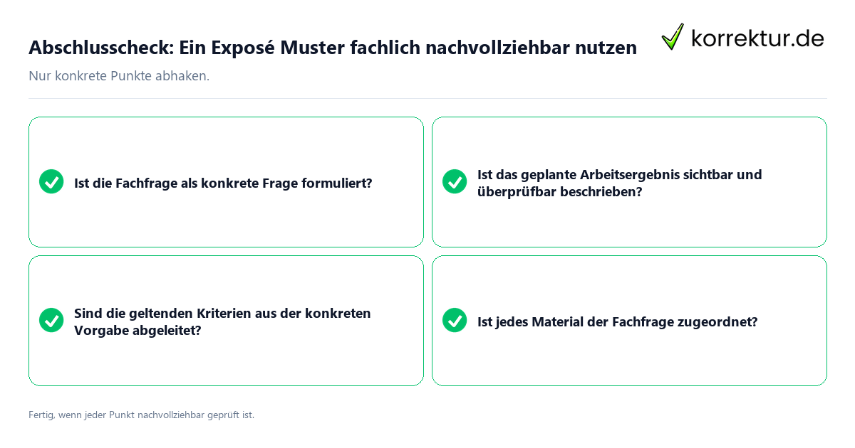 Konkreter Abschlusscheck zu Ein Exposé Muster fachlich nachvollziehbar nutzen