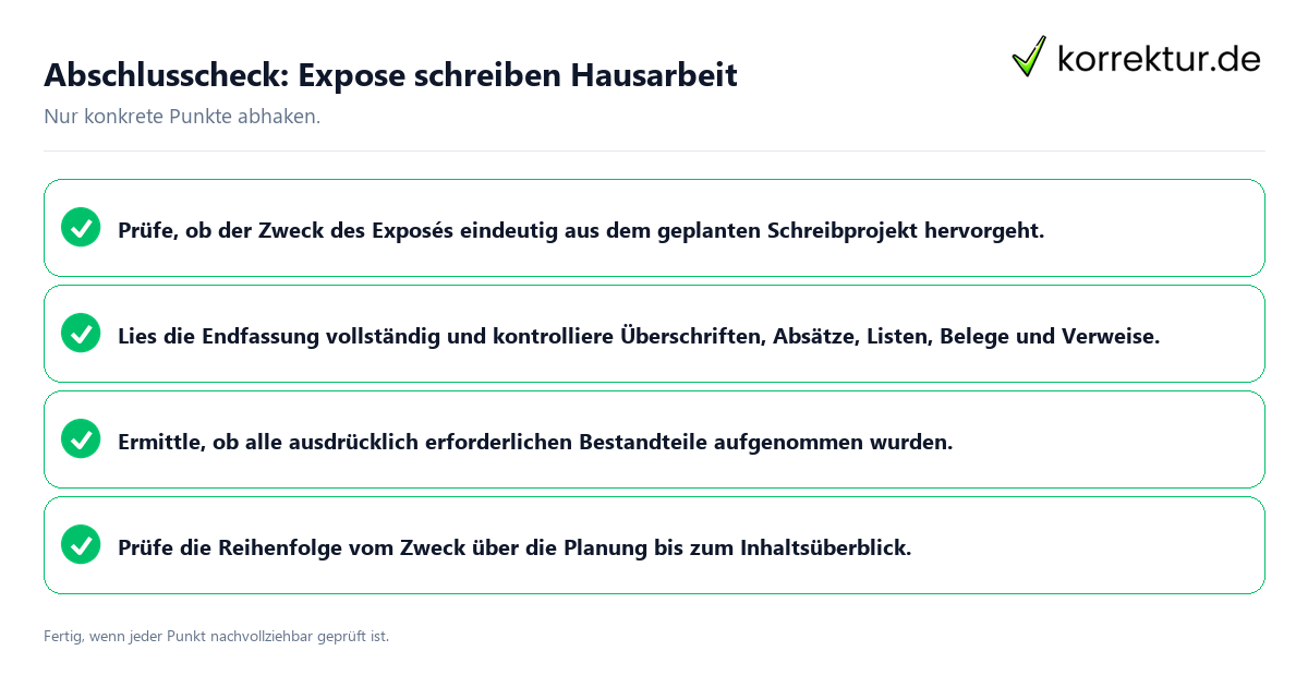 Konkreter Abschlusscheck zu Expose schreiben Hausarbeit