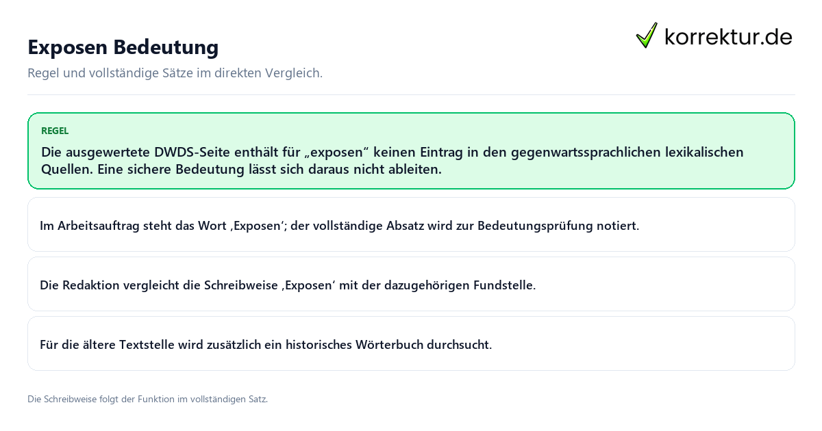 Konkrete Regel und vollständige Beispielsätze zu Exposen Bedeutung
