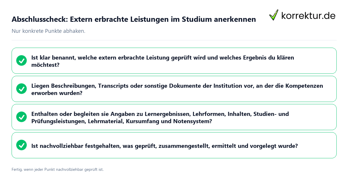 Abschlusscheck: Extern erbrachte Leistungen im Studium anerkennen Konkreter Abschlusscheck zu Extern erbrachte Leistungen im Studium anerkennen