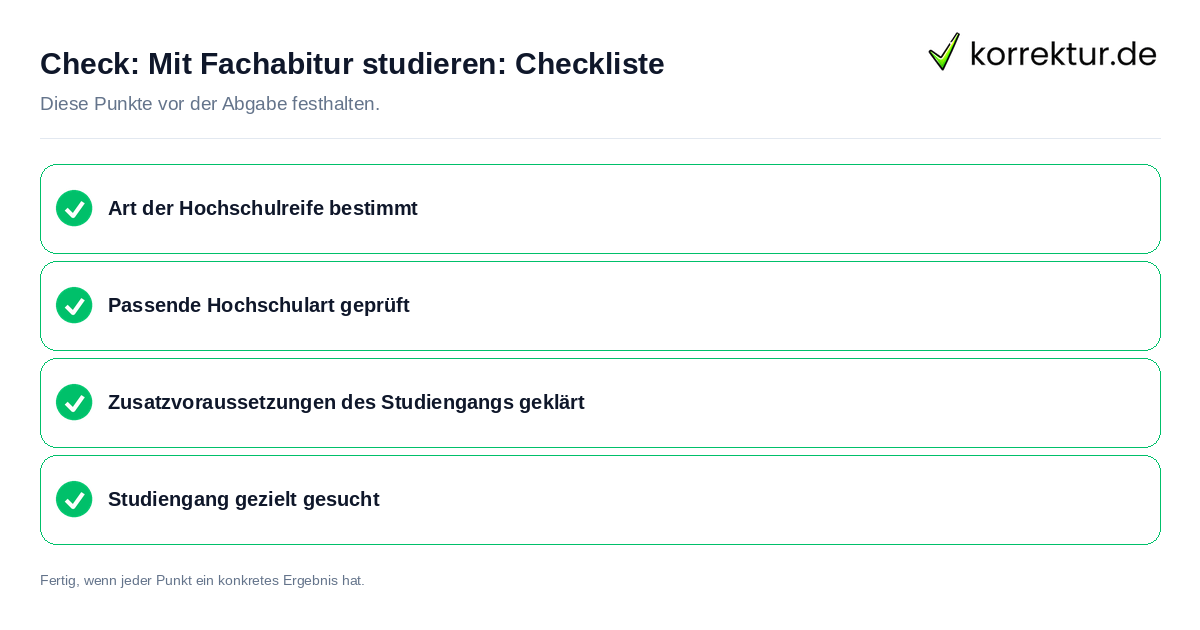 Mit Fachabitur studieren: Checkliste: Prüfliste mit vier Punkten