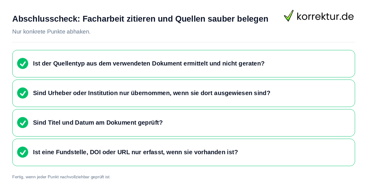 Konkreter Abschlusscheck zu Facharbeit zitieren und Quellen sauber belegen