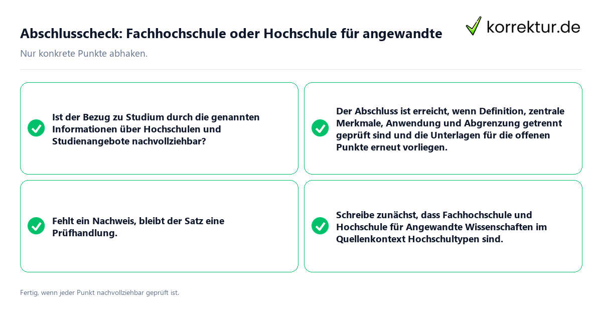 Konkreter Abschlusscheck zu Fachhochschule oder Hochschule für angewandte