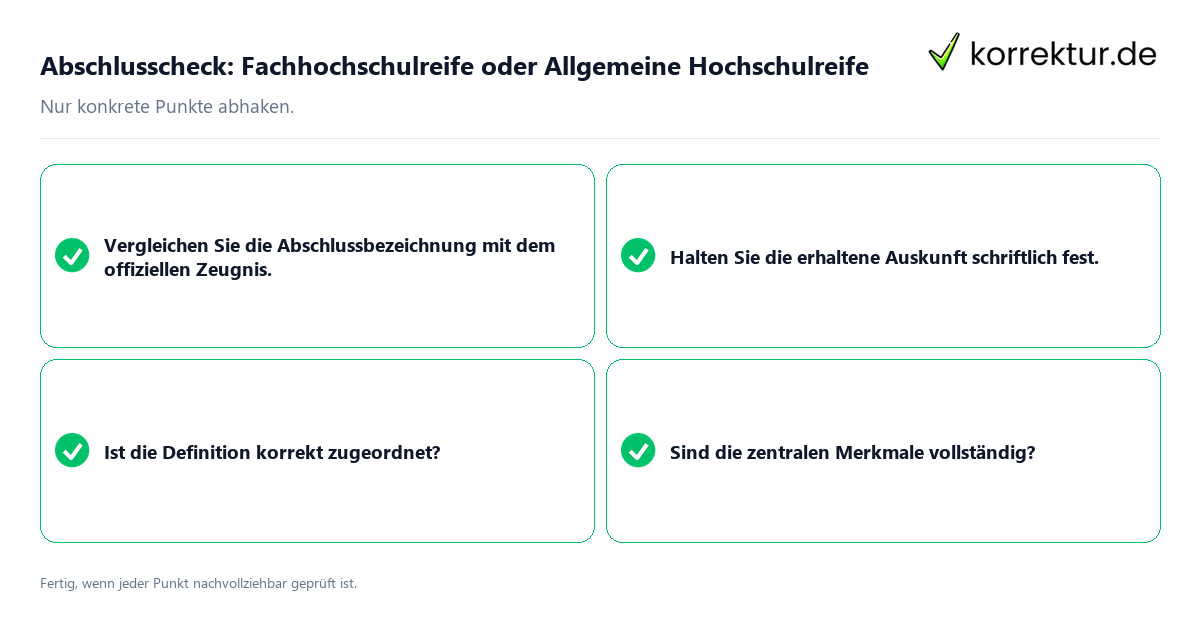 Abschlusscheck: Fachhochschulreife oder Allgemeine Hochschulreife Konkreter Abschlusscheck zu Fachhochschulreife oder Allgemeine Hochschulreife