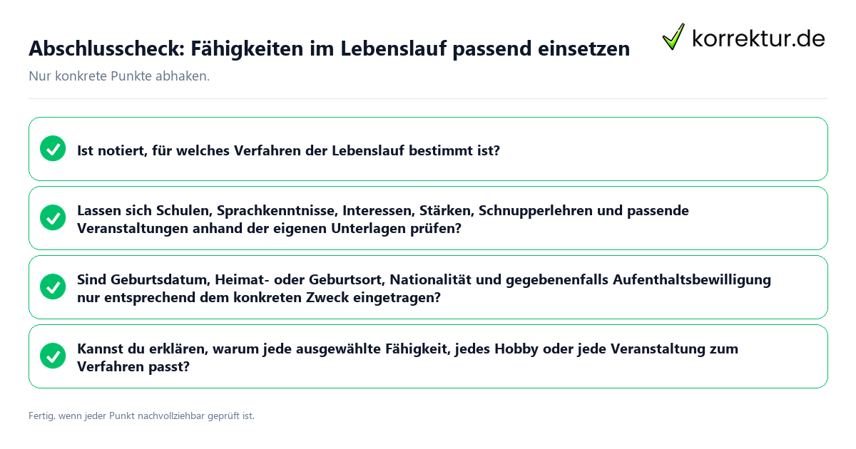 Konkreter Abschlusscheck zu Fähigkeiten im Lebenslauf passend einsetzen