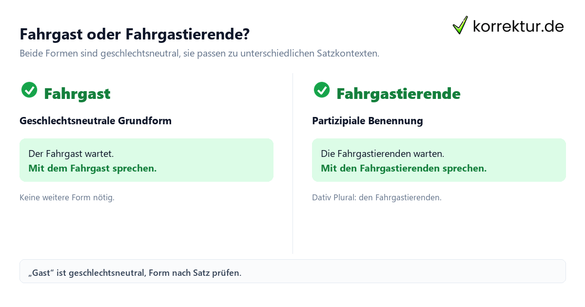 Fahrgast oder Fahrgastierende? Fahrgast gendern und passend im Satz verwenden: Fahrgast und Fahrgastierende im Vergleich