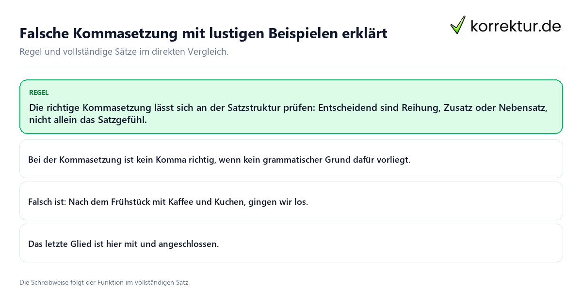 Konkrete Regel und vollständige Beispielsätze zu Falsche Kommasetzung mit lustigen Beispielen erklärt