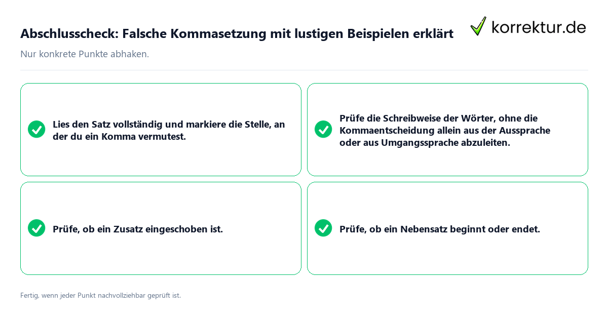 Konkreter Abschlusscheck zu Falsche Kommasetzung mit lustigen Beispielen erklärt