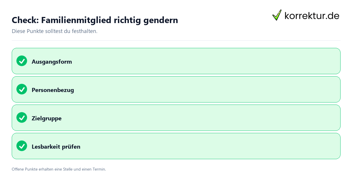 Familienmitglied richtig gendern mit Checkliste für Unterlagen und nächste Schritte