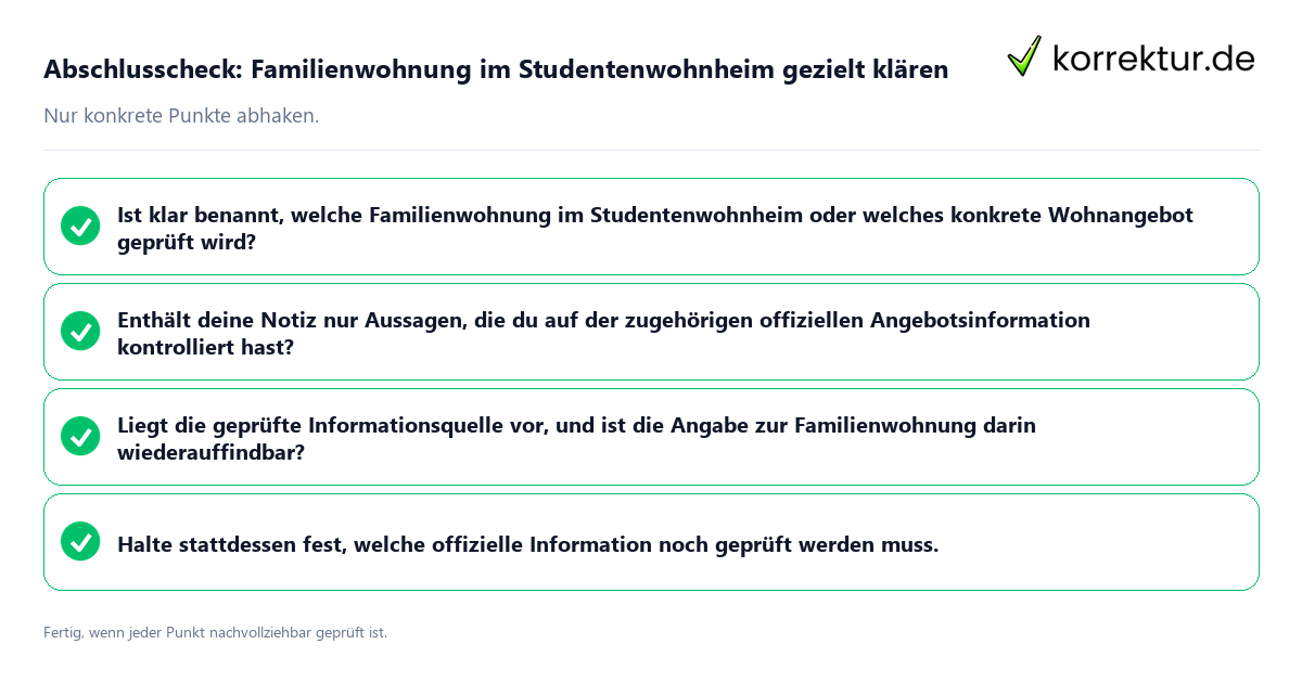 Abschlusscheck: Familienwohnung im Studentenwohnheim gezielt klären Konkreter Abschlusscheck zu Familienwohnung im Studentenwohnheim gezielt klären