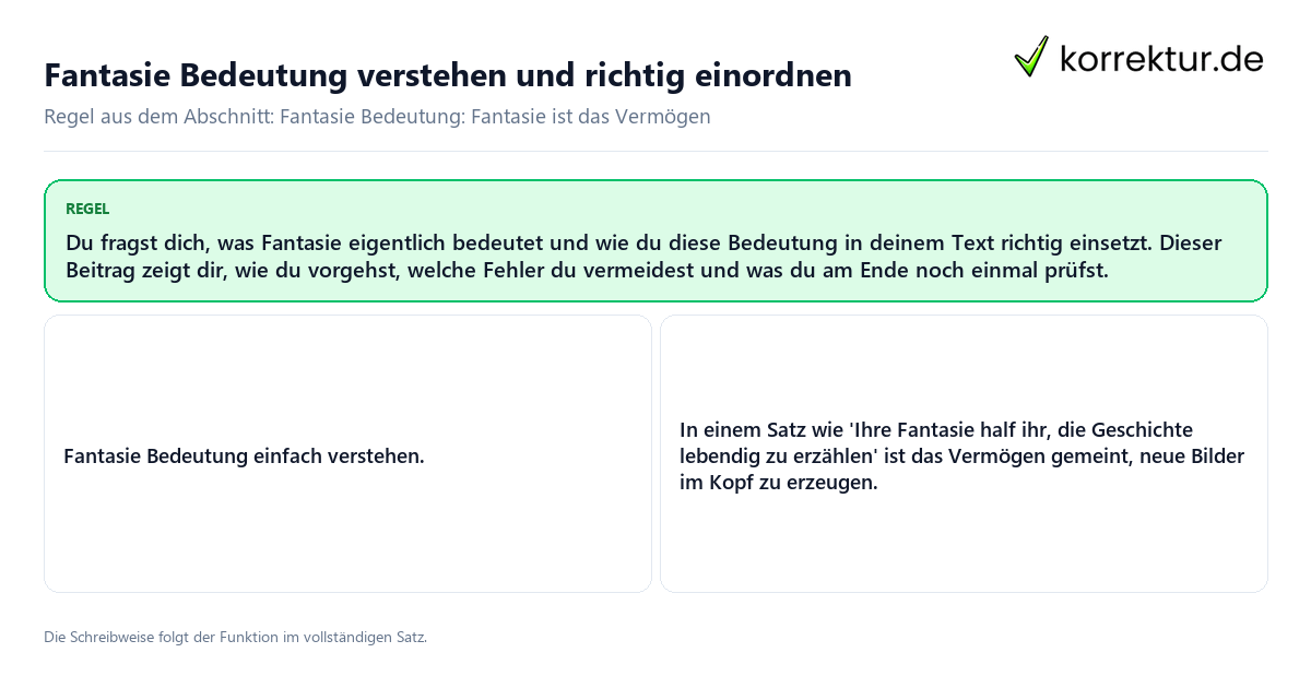 Konkrete Regel und vollständige Beispielsätze zu Fantasie Bedeutung verstehen und richtig einordnen