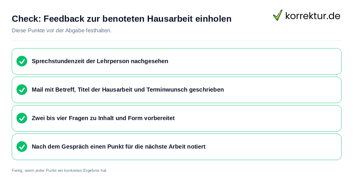 Feedback zur benoteten Hausarbeit einholen: Prüfliste mit vier Punkten