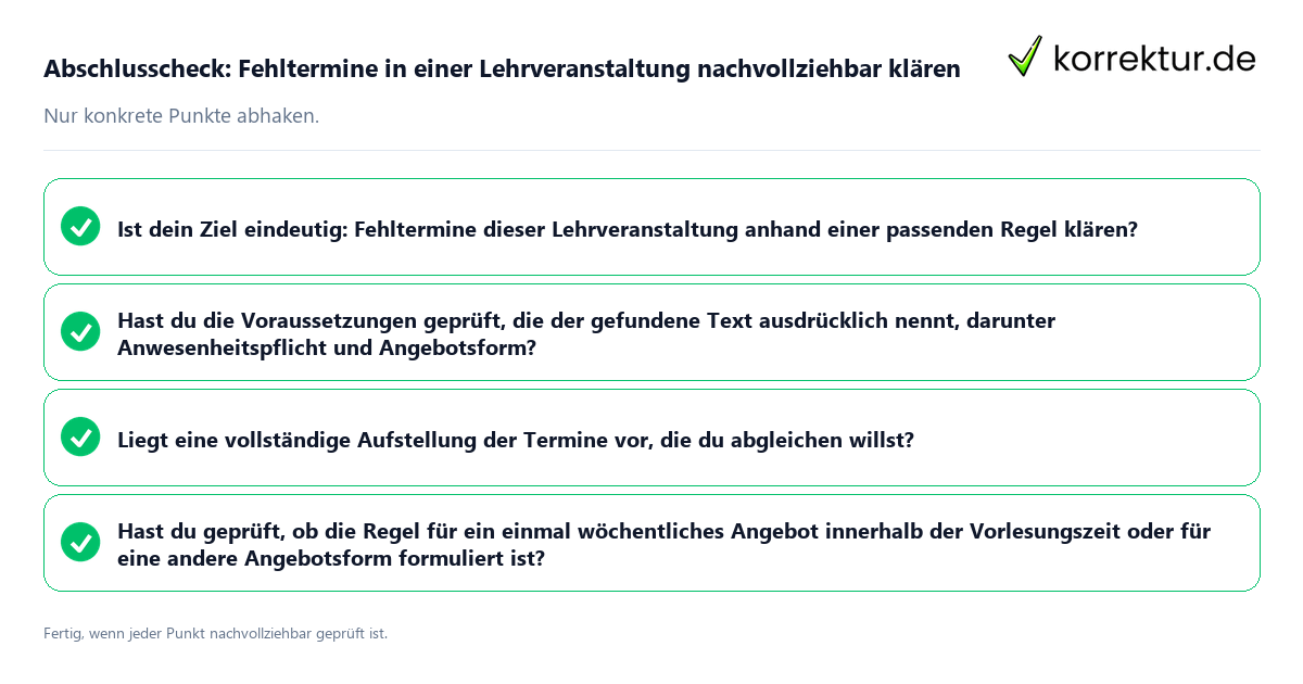 Konkreter Abschlusscheck zu Fehltermine in einer Lehrveranstaltung nachvollziehbar klären