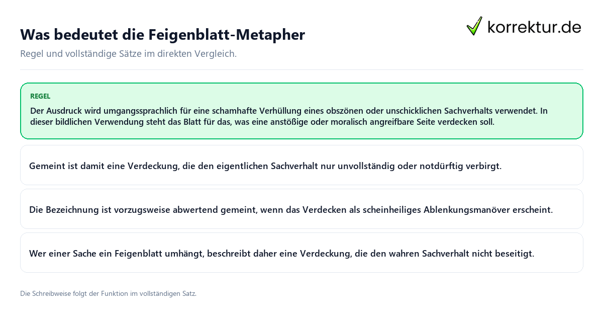 Konkrete Regel und vollständige Beispielsätze zu Was bedeutet die Feigenblatt-Metapher
