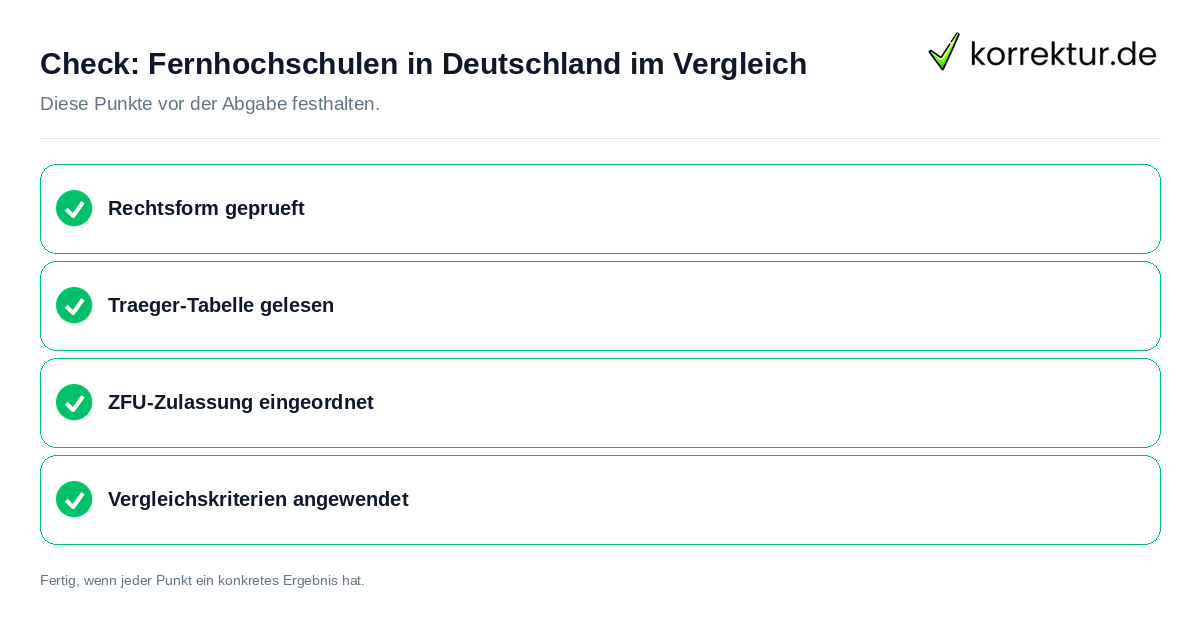 Check: Fernhochschulen in Deutschland im Vergleich Fernhochschulen in Deutschland im Vergleich: Prüfliste mit vier Punkten