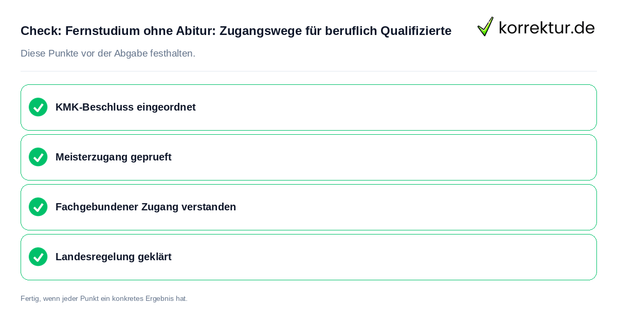 Fernstudium ohne Abitur: Zugangswege für beruflich Qualifizierte: Prüfliste mit vier Punkten