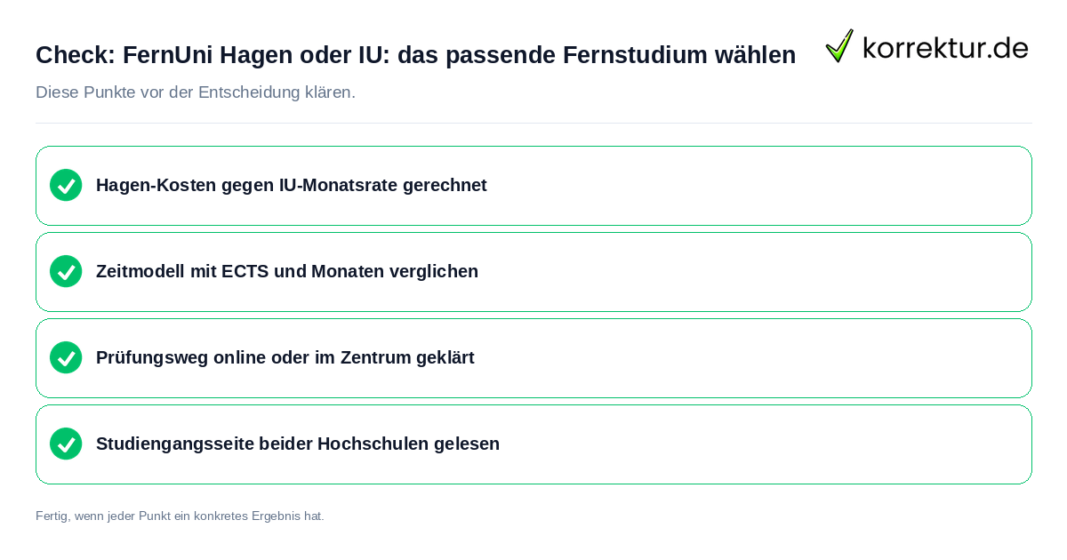 Check: FernUni Hagen oder IU: das passende Fernstudium wählen FernUni Hagen oder IU: das passende Fernstudium wählen: Prüfliste mit vier Punkten