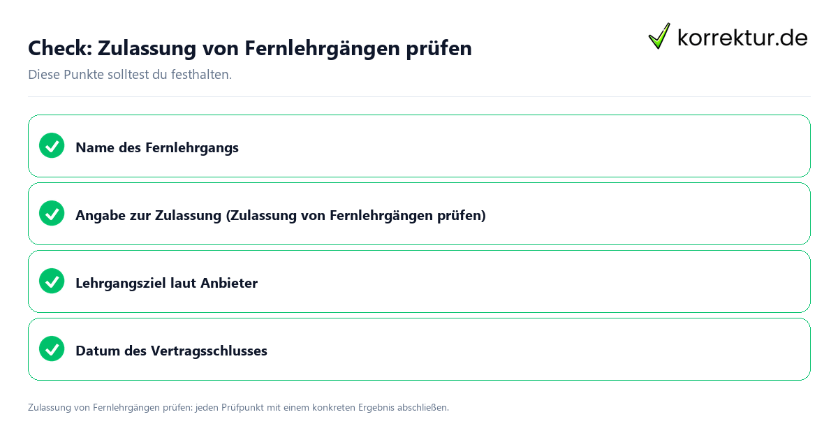 Zulassung von Fernlehrgängen prüfen mit einer themenspezifischen Checkliste